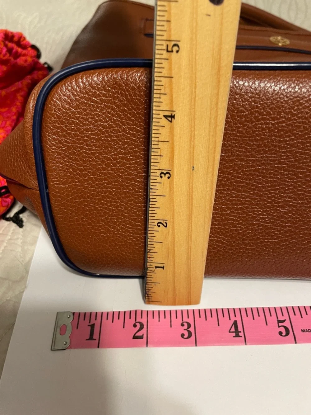 Tory Burch Cognac Jardin Pebbled Leather Tote with Navy Trim - Picture 9 of 11